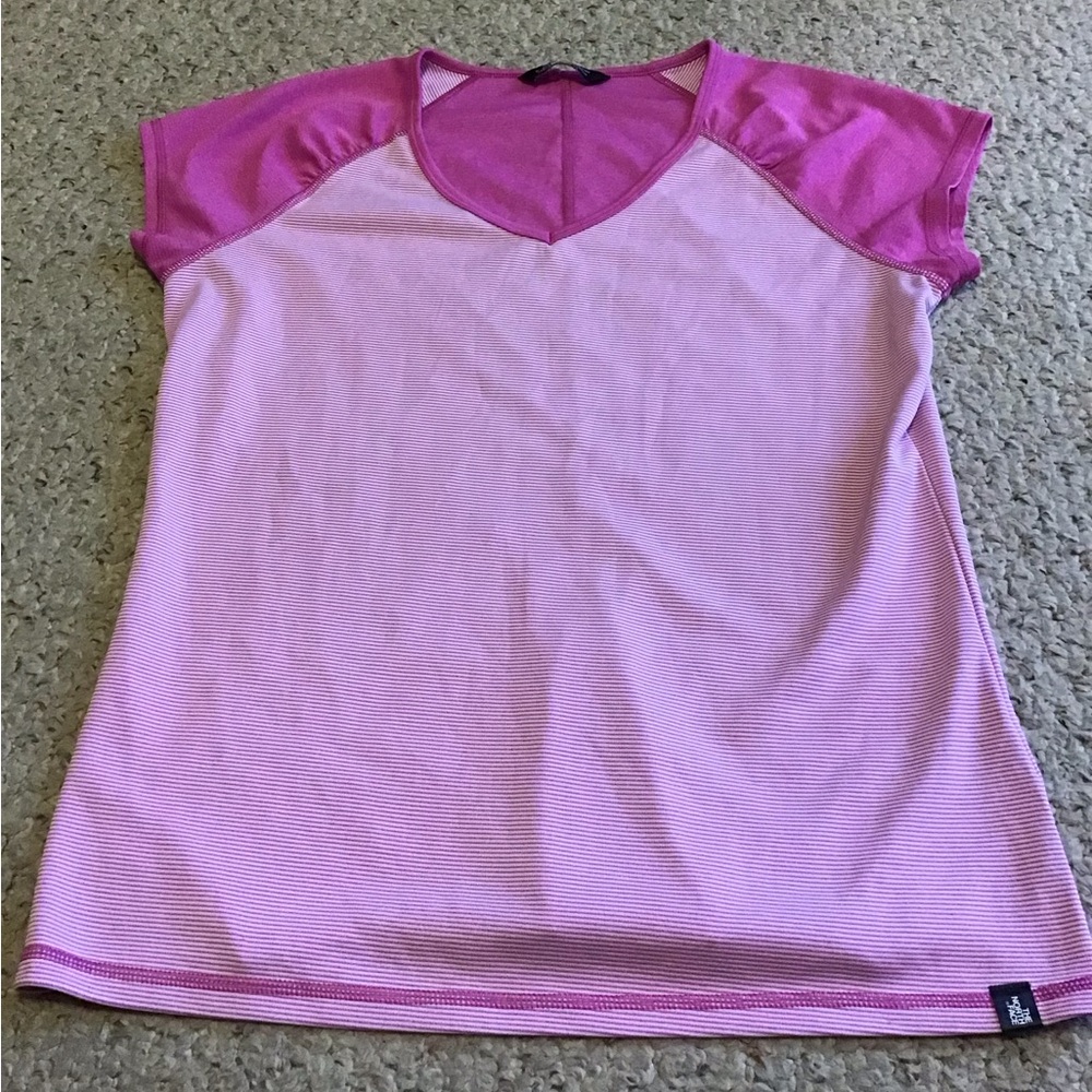 THE NORTH FACE WOMENS SZ L STRIPED V NECK TOP EUC PINK